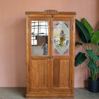 Vintage Indian Wooden Cupboard Cabinet with Reverse Glass Painting and Mirror.
