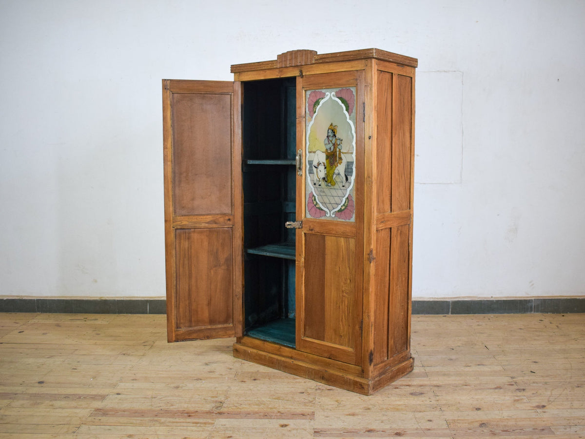 Vintage Indian Wooden Cupboard Cabinet with Reverse Glass Painting and Mirror.