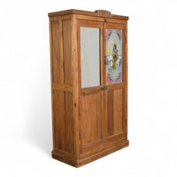 Vintage Indian Wooden Cupboard Cabinet with Reverse Glass Painting and Mirror.