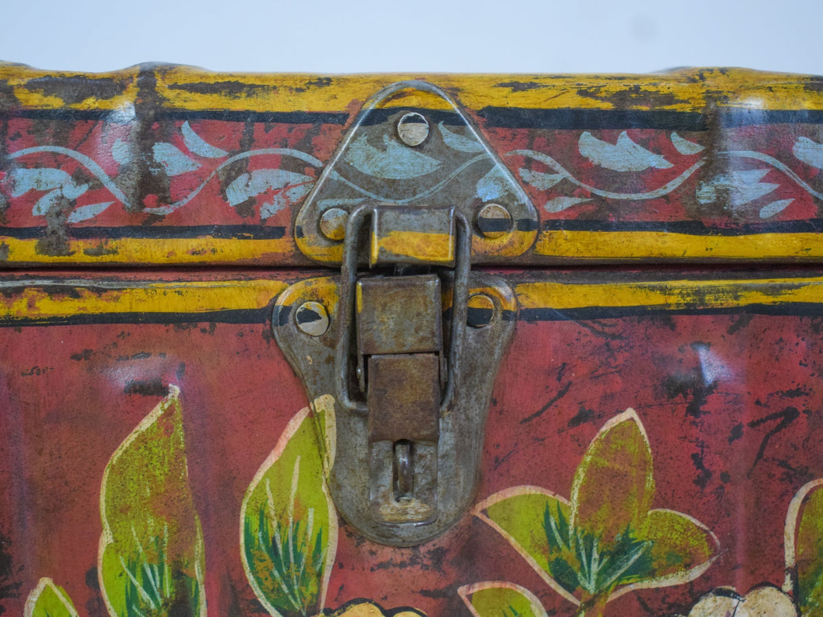 Vintage Indian Hand Painted Metal Travel Trunk Chest