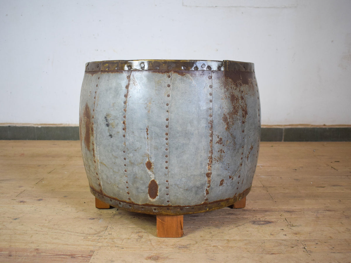 Vintage Metal Planter On Wooden Stand