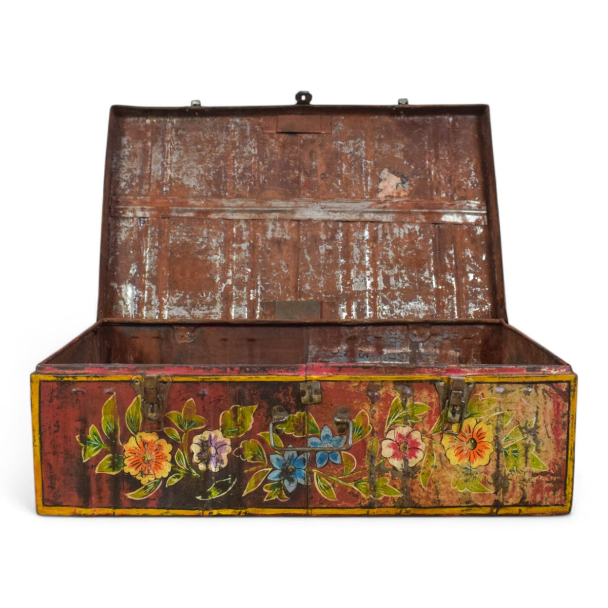 Vintage Indian Hand Painted Metal Travel Trunk Chest