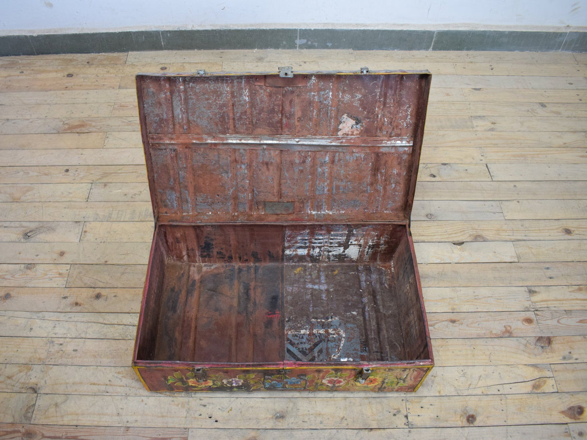 Vintage Indian Hand Painted Metal Travel Trunk Chest
