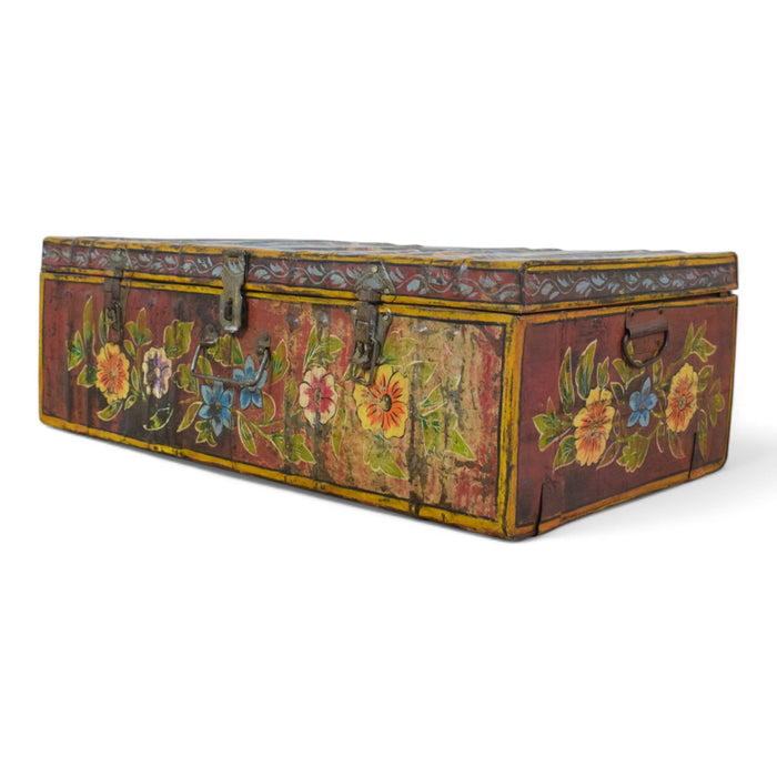 Vintage Indian Hand Painted Metal Travel Trunk Chest