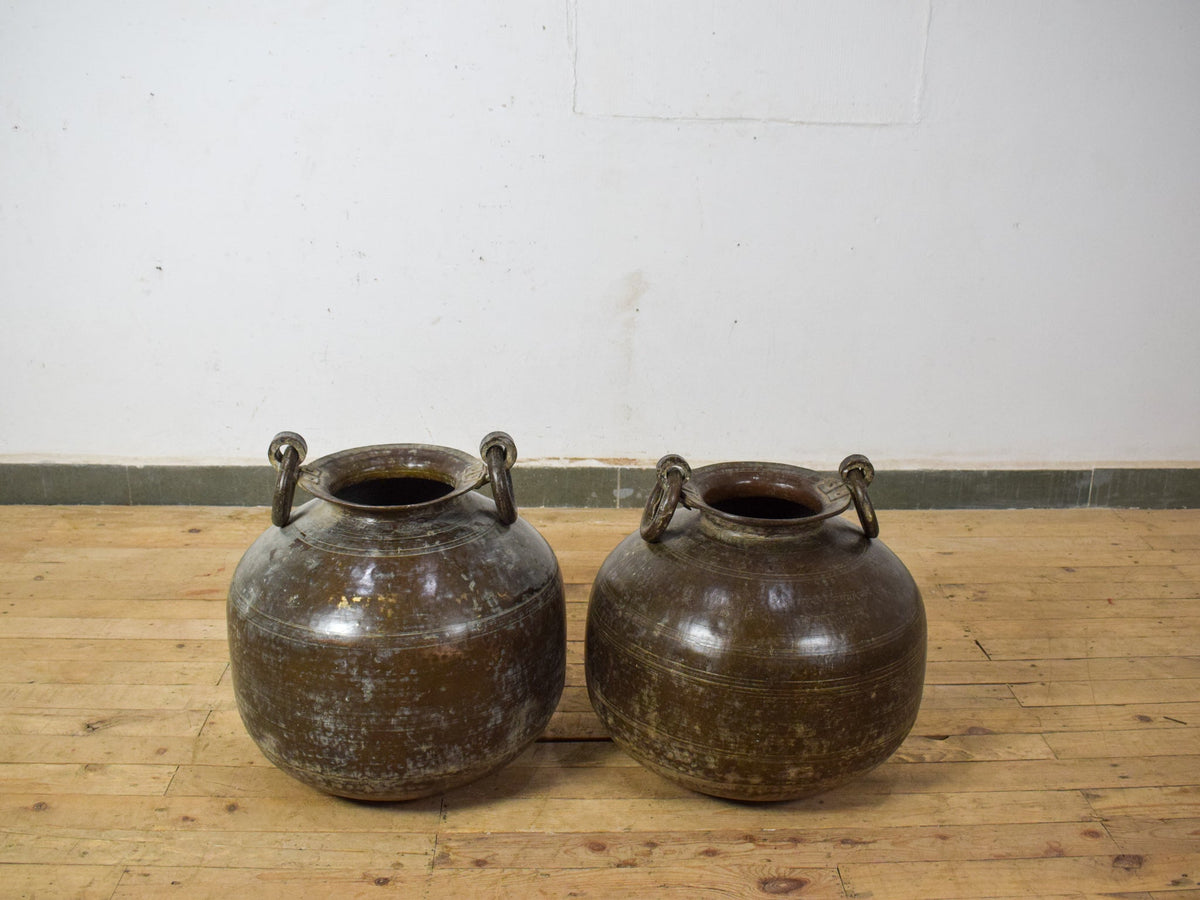 Large Pair of Antique Matki Solid Brass Water Pot