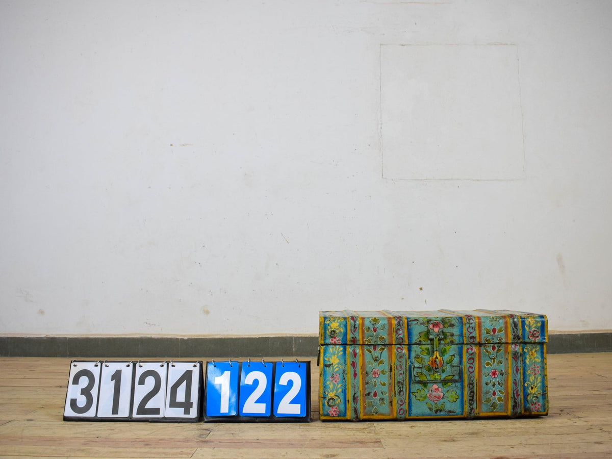 Vintage Indian Hand Painted Metal Travel Trunk Chest