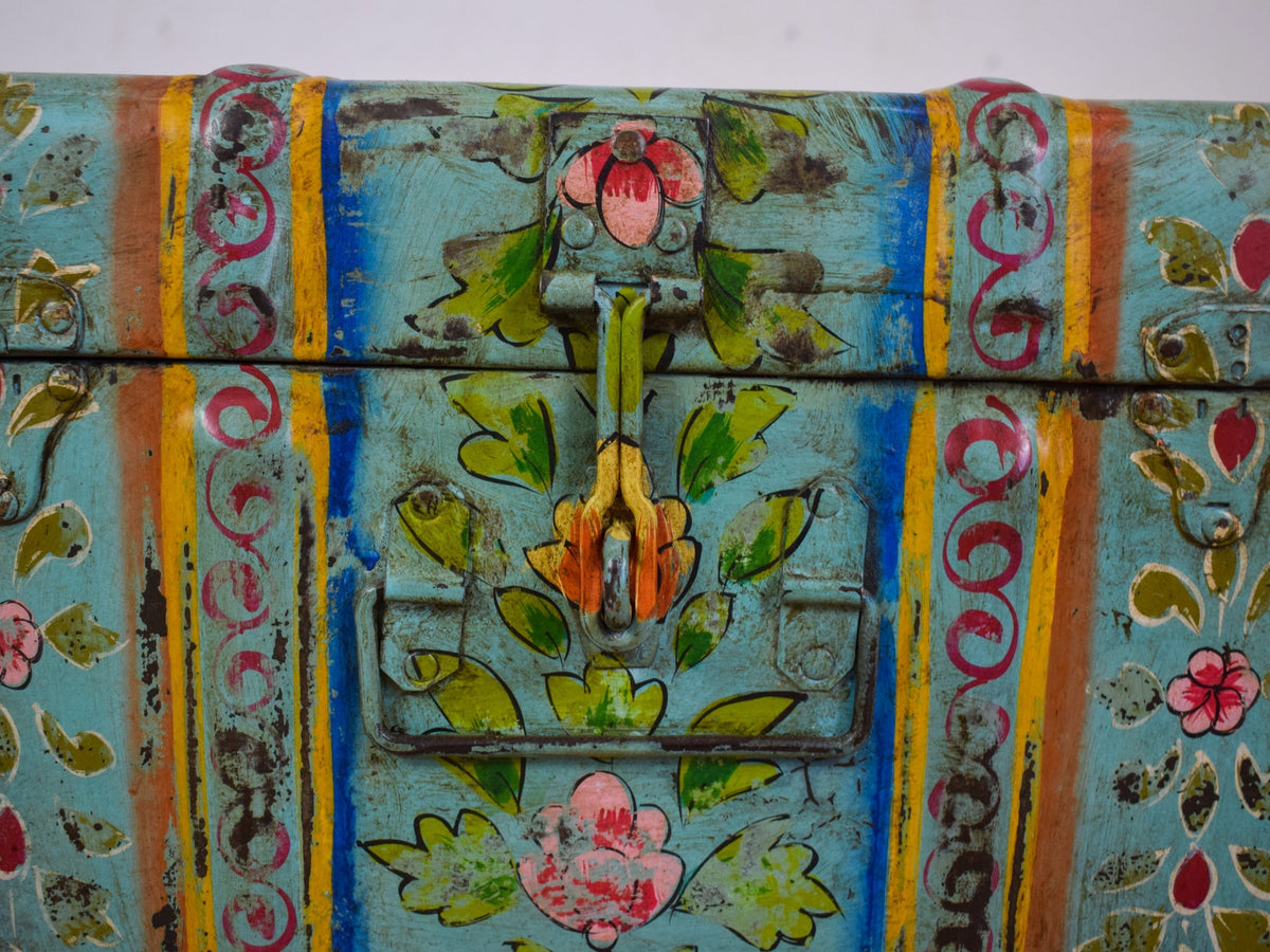 Vintage Indian Hand Painted Metal Travel Trunk Chest