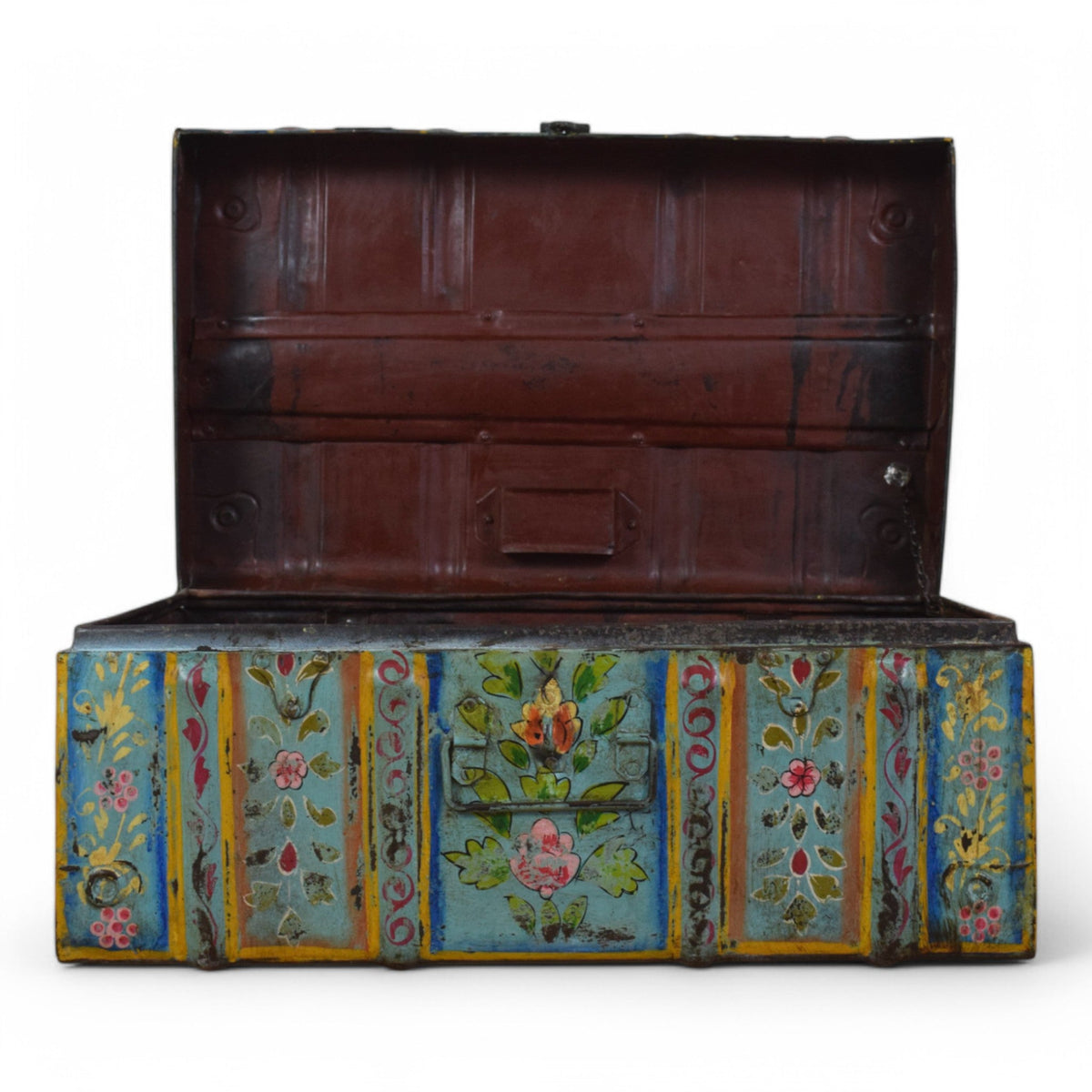 Vintage Indian Hand Painted Metal Travel Trunk Chest