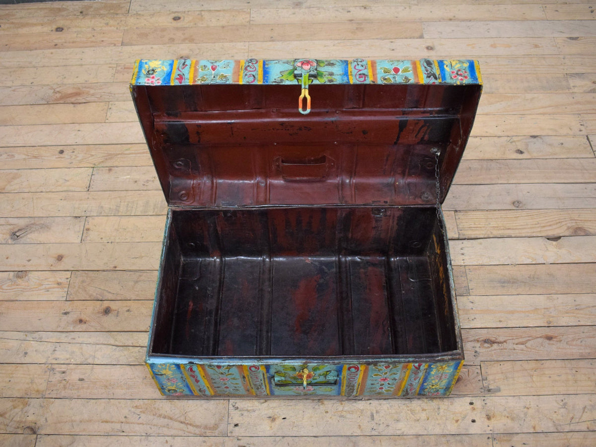Vintage Indian Hand Painted Metal Travel Trunk Chest