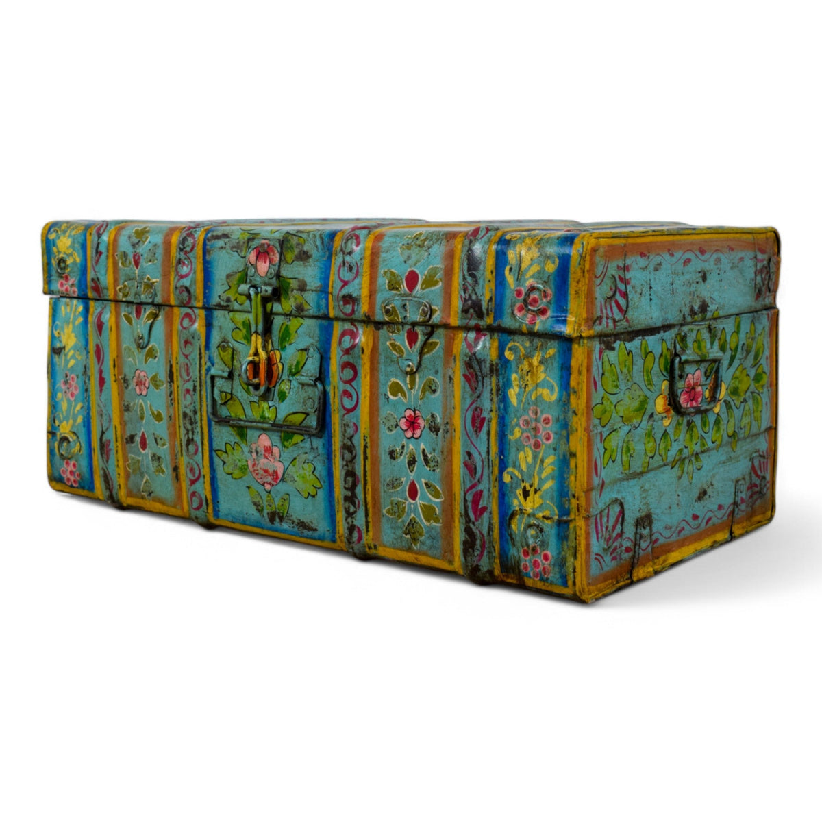 Vintage Indian Hand Painted Metal Travel Trunk Chest