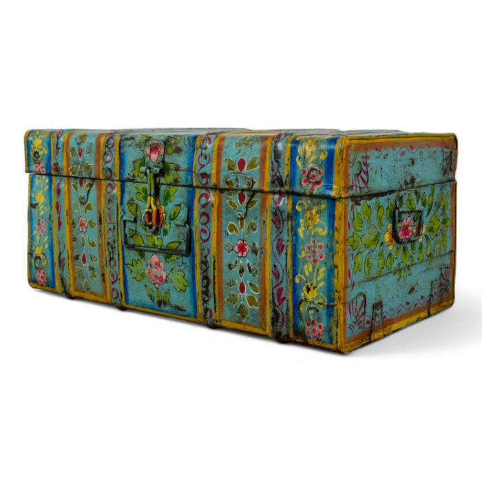 Vintage Indian Hand Painted Metal Travel Trunk Chest