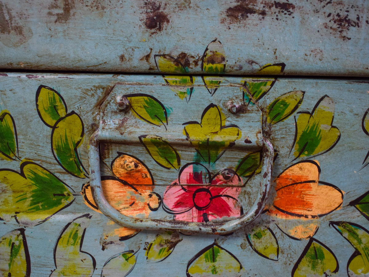 Vintage Indian Hand Painted Metal Travel Trunk Chest