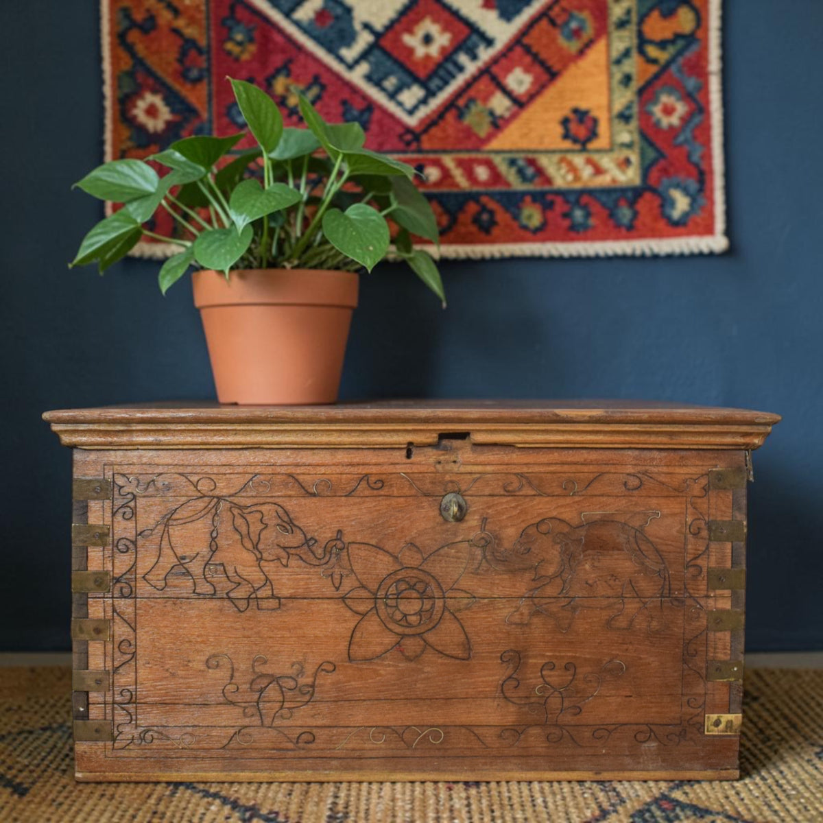 Vintage Rustic Indian Wooden Metal Bound carved Chest Box Coffee Table