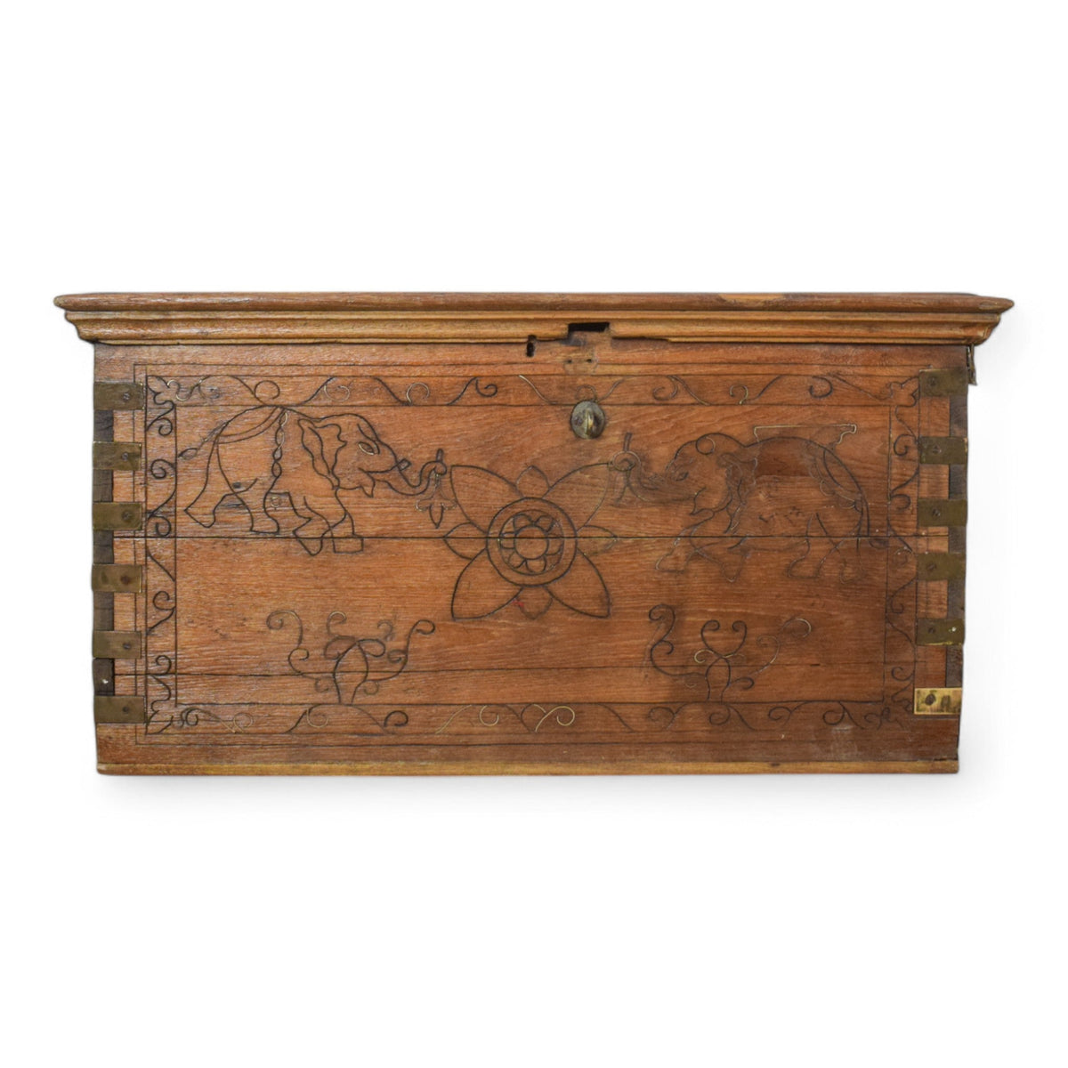 Vintage Rustic Indian Wooden Metal Bound carved Chest Box Coffee Table