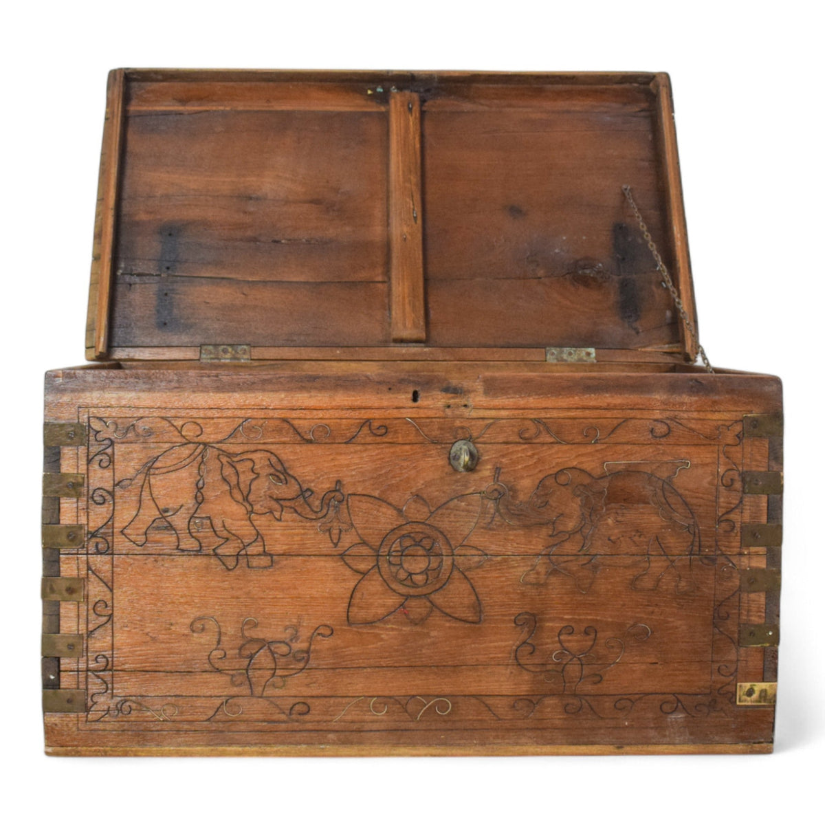 Vintage Rustic Indian Wooden Metal Bound carved Chest Box Coffee Table