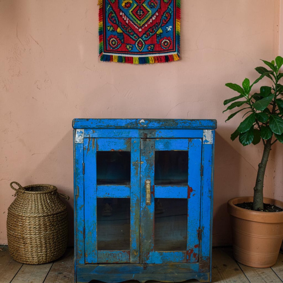 Vintage Worn Painted Rustic Cupboard Cabinet