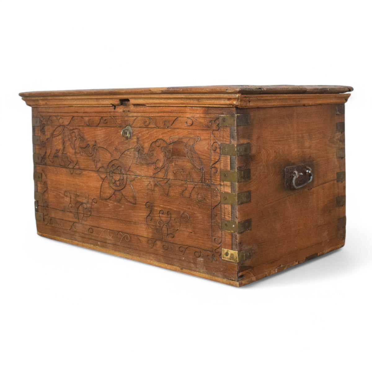Vintage Rustic Indian Wooden Metal Bound carved Chest Box Coffee Table