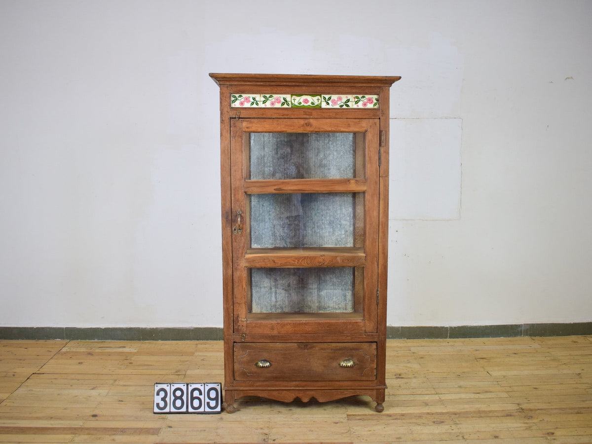 Vintage Wooden Display Cupboard Cabinet With Vintage Tile Decoration
