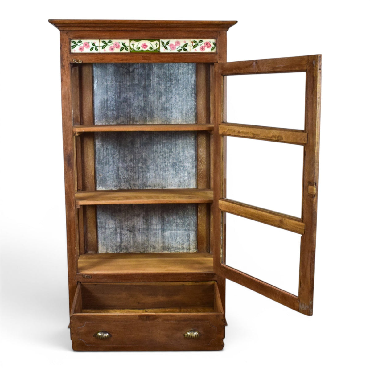 Vintage Wooden Display Cupboard Cabinet With Vintage Tile Decoration