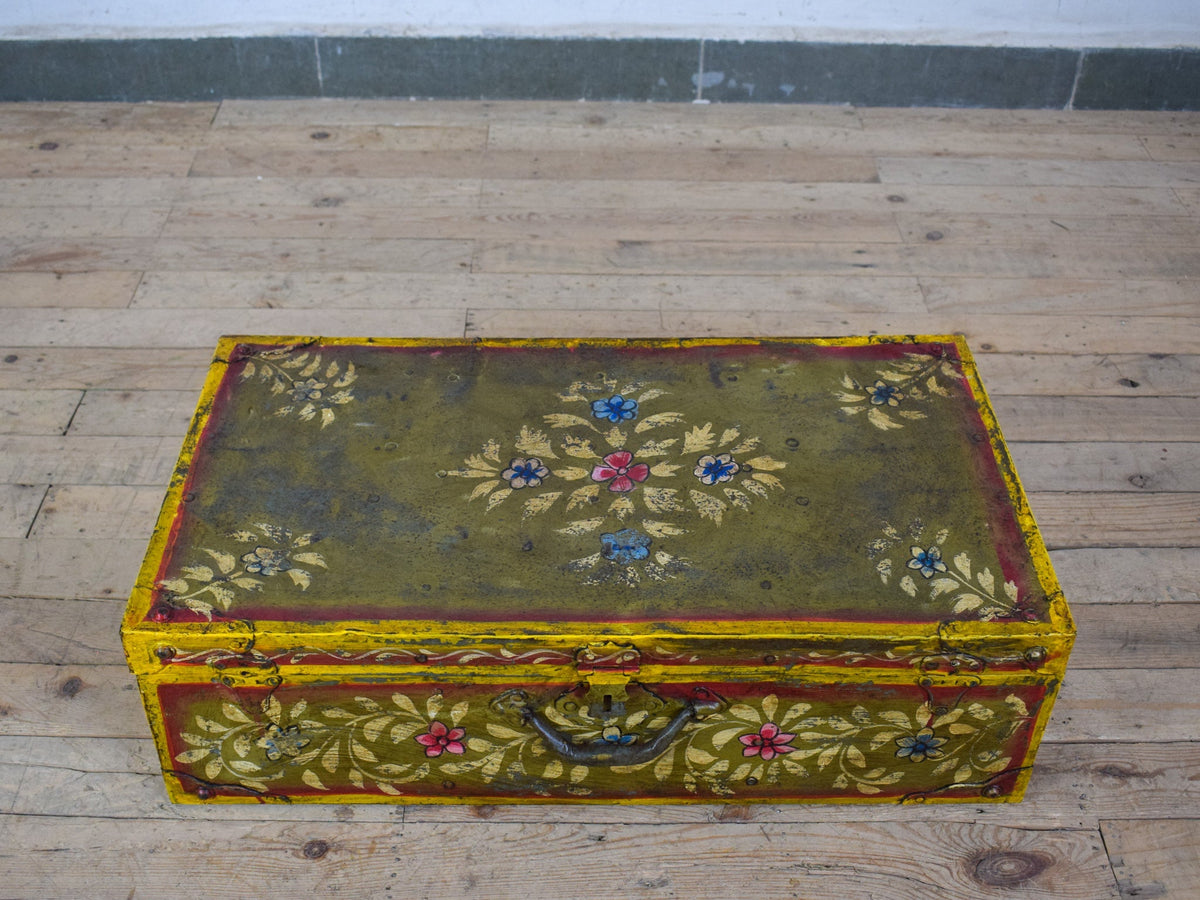 Vintage Indian Hand Painted Metal Travel Trunk Chest