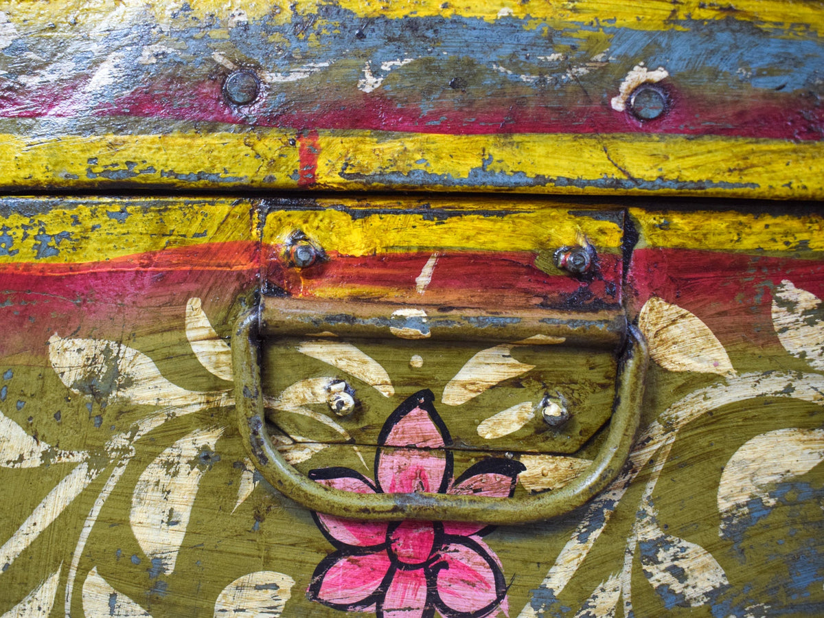 Vintage Indian Hand Painted Metal Travel Trunk Chest