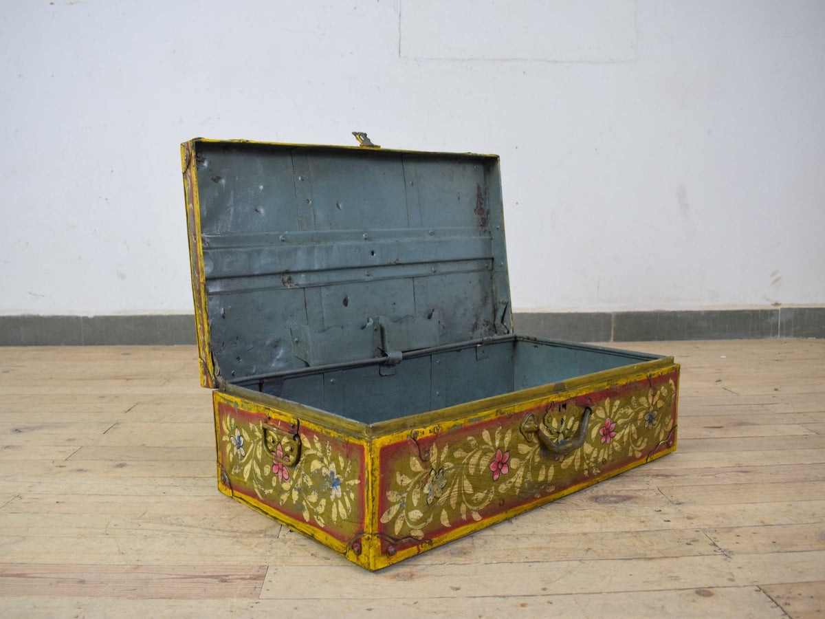 Vintage Indian Hand Painted Metal Travel Trunk Chest