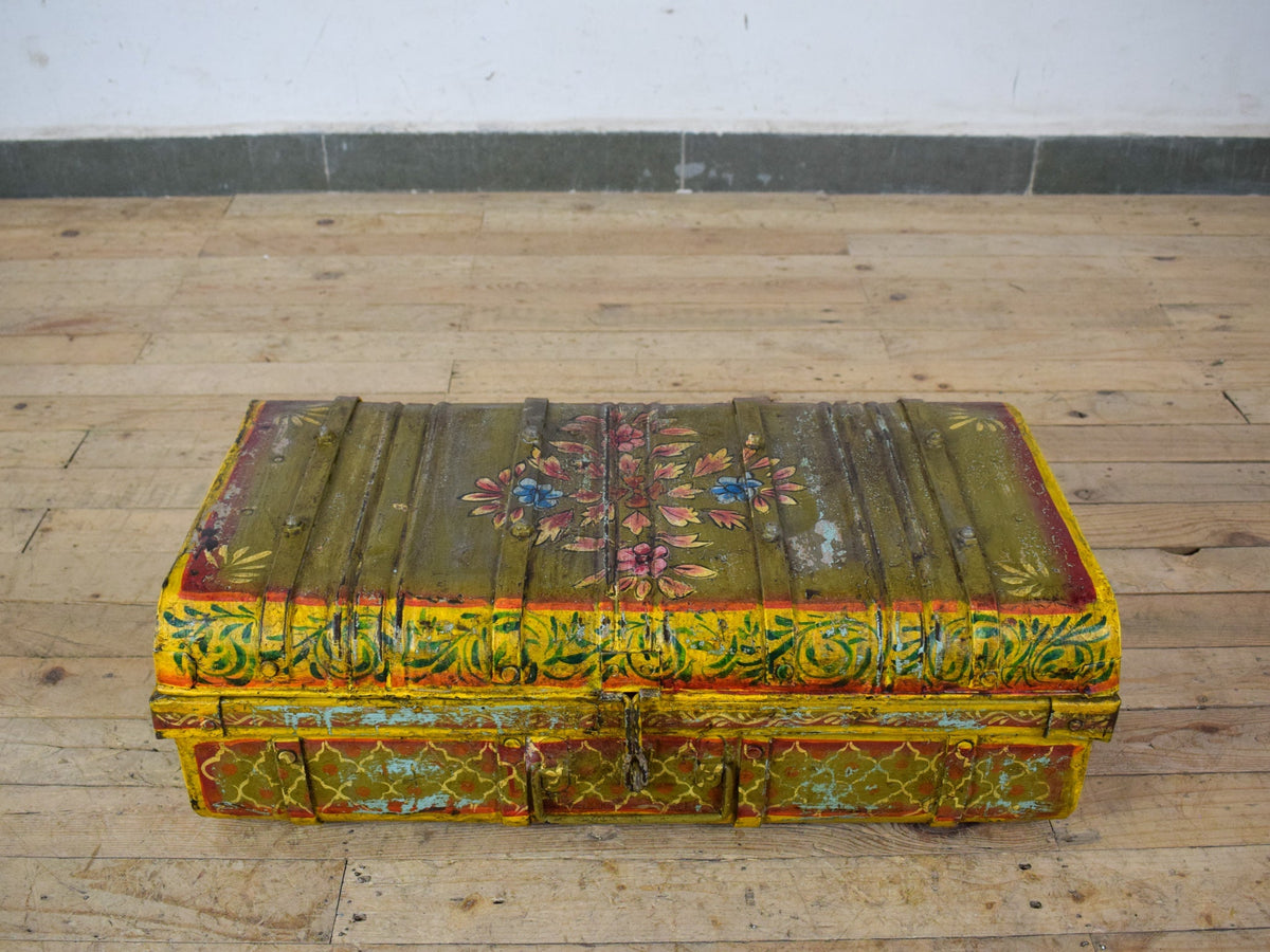 Vintage Indian Hand Painted Metal Travel Trunk Chest