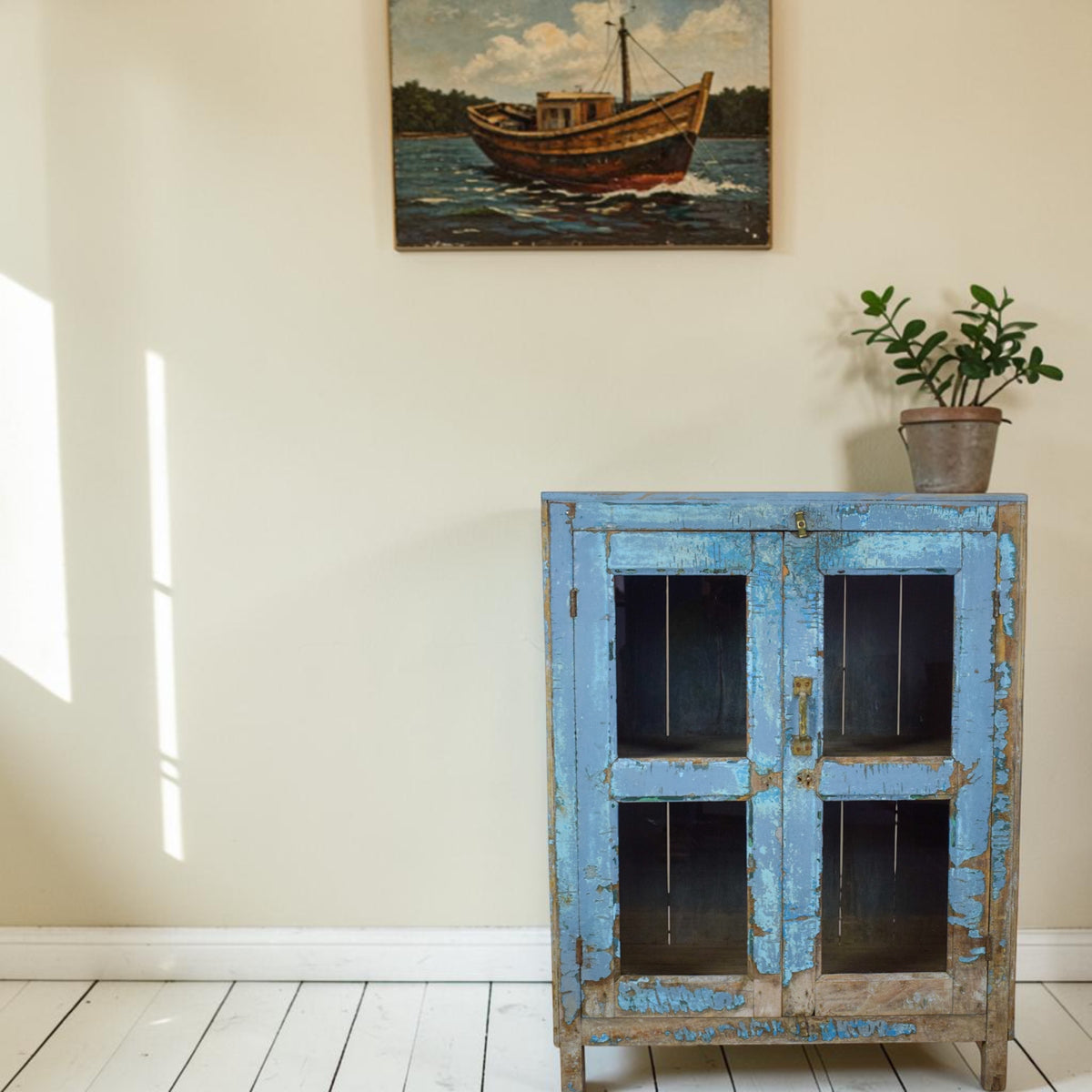 Vintage Worn Painted Rustic Cupboard Cabinet