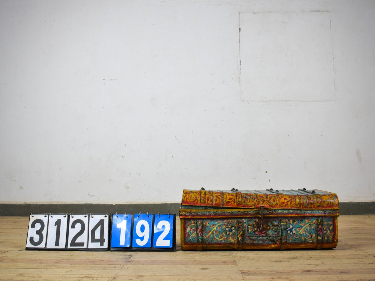 Vintage Indian Hand Painted Metal Travel Trunk Chest