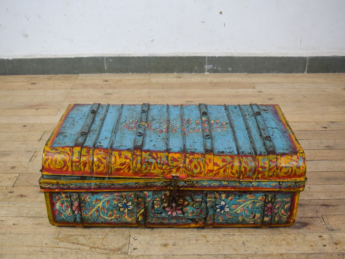 Vintage Indian Hand Painted Metal Travel Trunk Chest