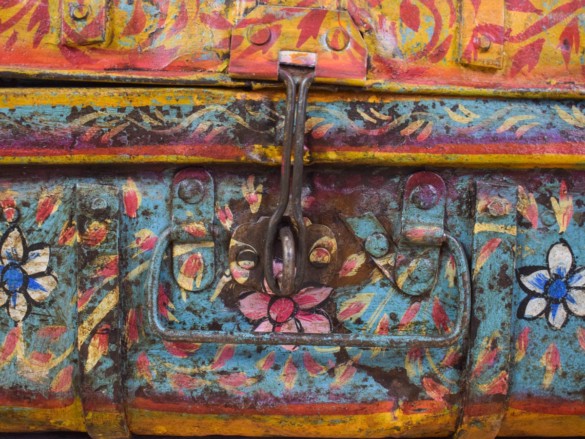 Vintage Indian Hand Painted Metal Travel Trunk Chest