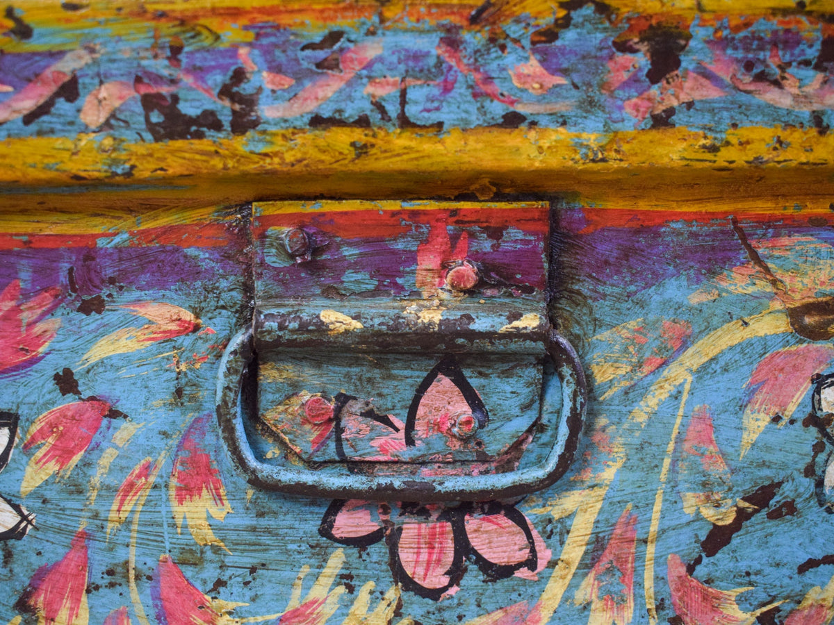 Vintage Indian Hand Painted Metal Travel Trunk Chest