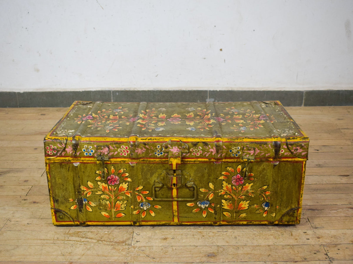 Vintage Indian Hand Painted Metal Travel Trunk Chest