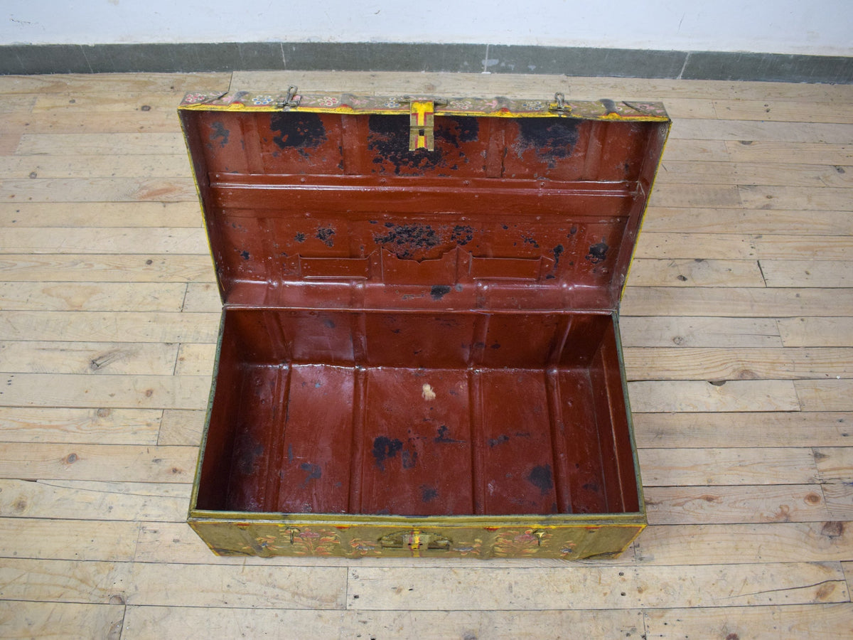 Vintage Indian Hand Painted Metal Travel Trunk Chest