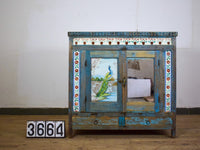 Vintage Worn Painted Cabinet With Vintage Tiles and Glass Painting