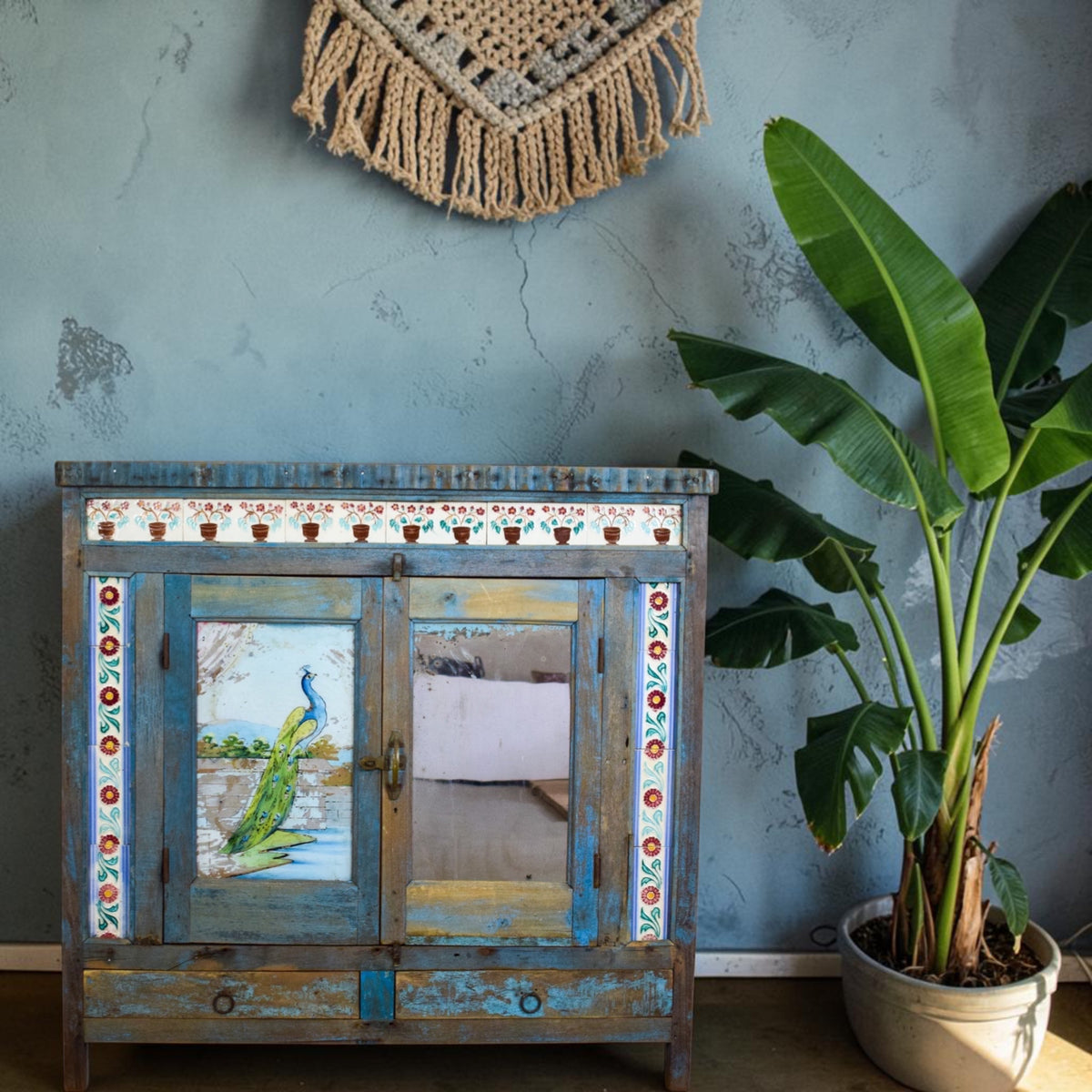 Vintage Worn Painted Cabinet With Vintage Tiles and Glass Painting
