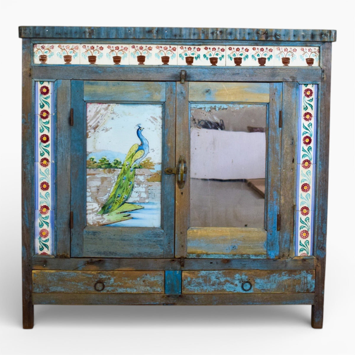 Vintage Worn Painted Cabinet With Vintage Tiles and Glass Painting
