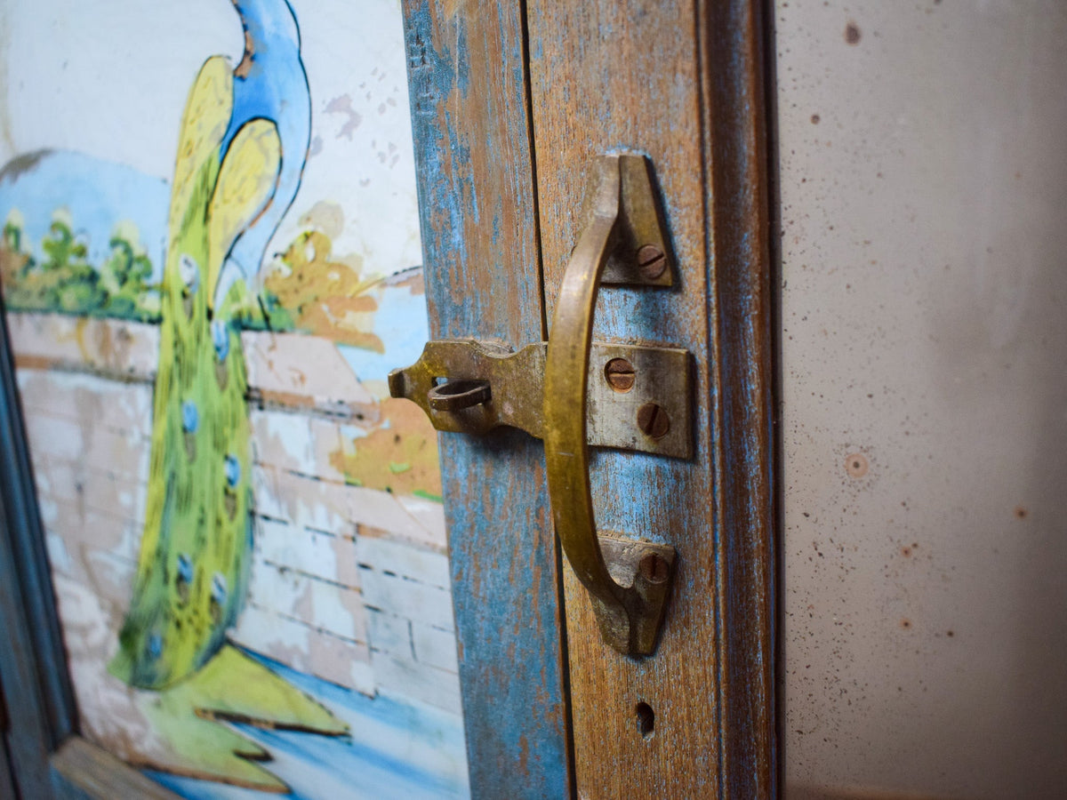 Vintage Worn Painted Cabinet With Vintage Tiles and Glass Painting