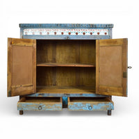Vintage Worn Painted Cabinet With Vintage Tiles and Glass Painting