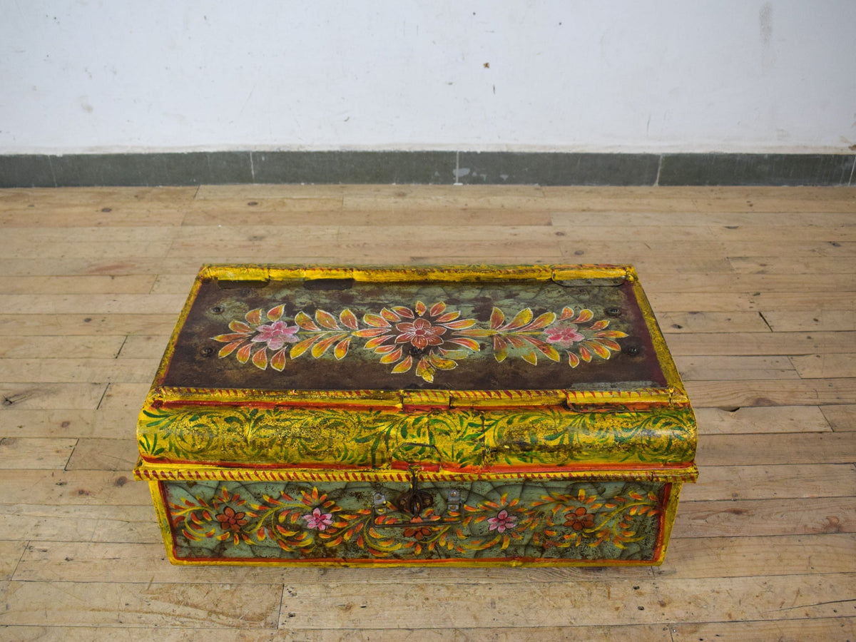Vintage Indian Hand Painted Metal Travel Trunk Chest