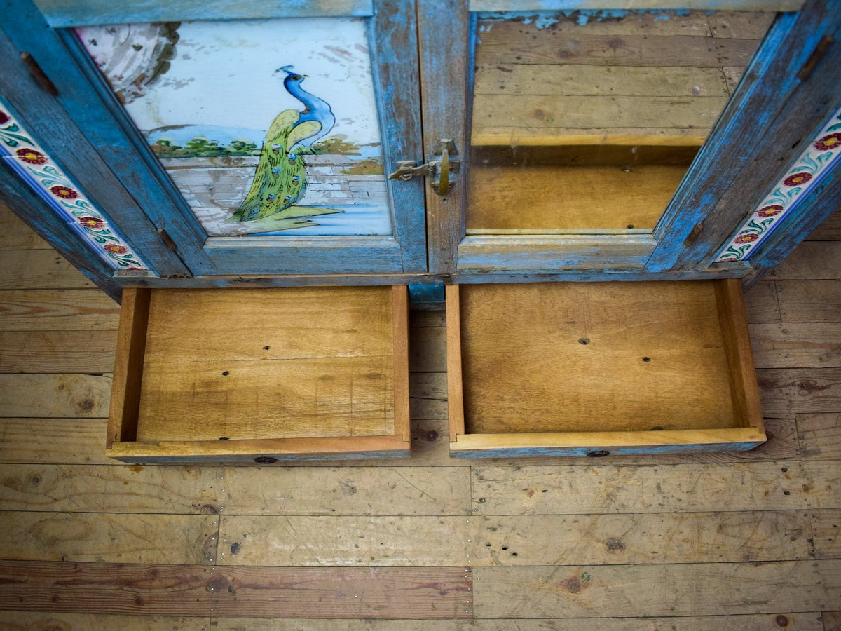 Vintage Worn Painted Cabinet With Vintage Tiles and Glass Painting