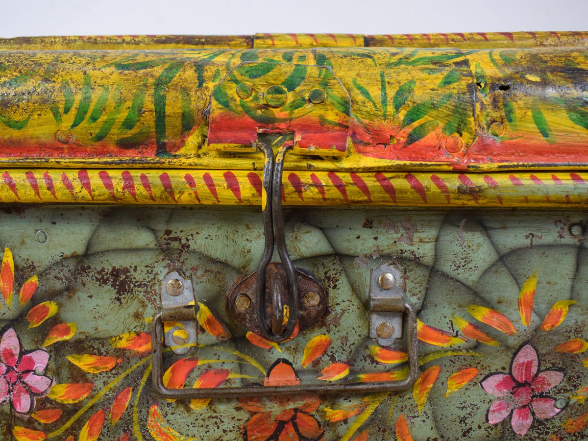 Vintage Indian Hand Painted Metal Travel Trunk Chest