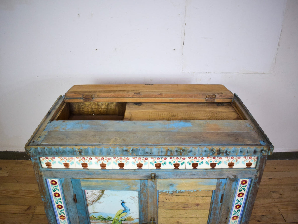 Vintage Worn Painted Cabinet With Vintage Tiles and Glass Painting