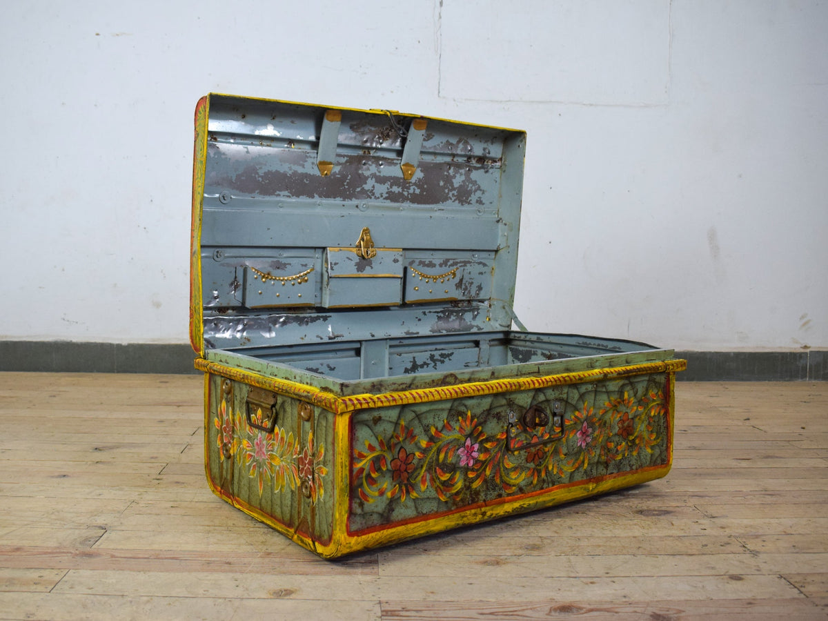 Vintage Indian Hand Painted Metal Travel Trunk Chest