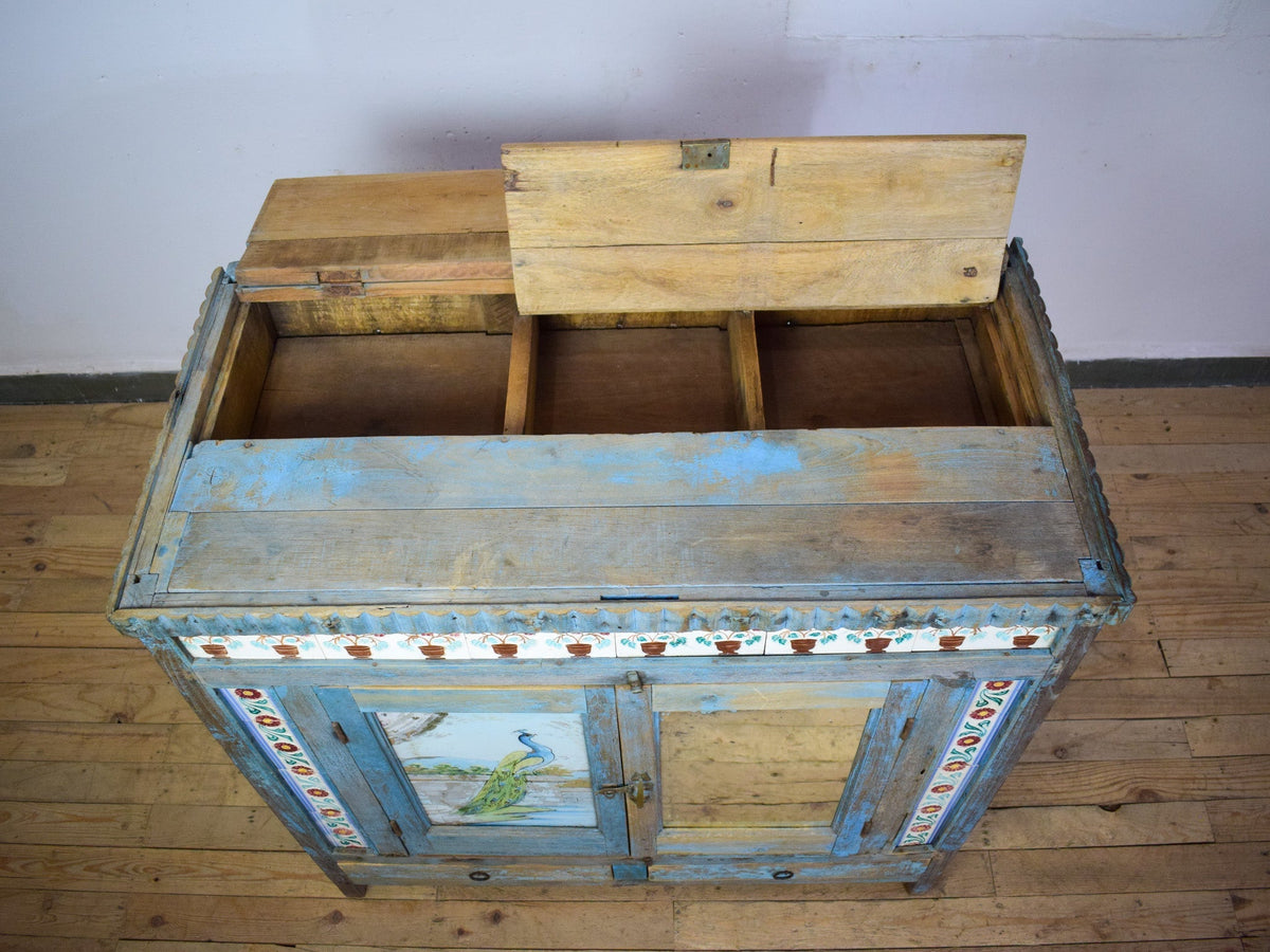 Vintage Worn Painted Cabinet With Vintage Tiles and Glass Painting