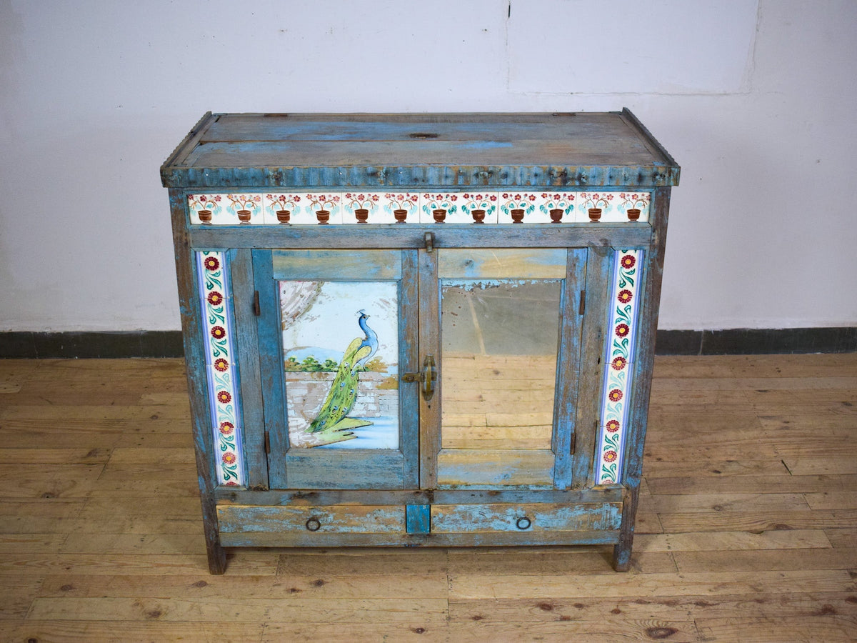 Vintage Worn Painted Cabinet With Vintage Tiles and Glass Painting