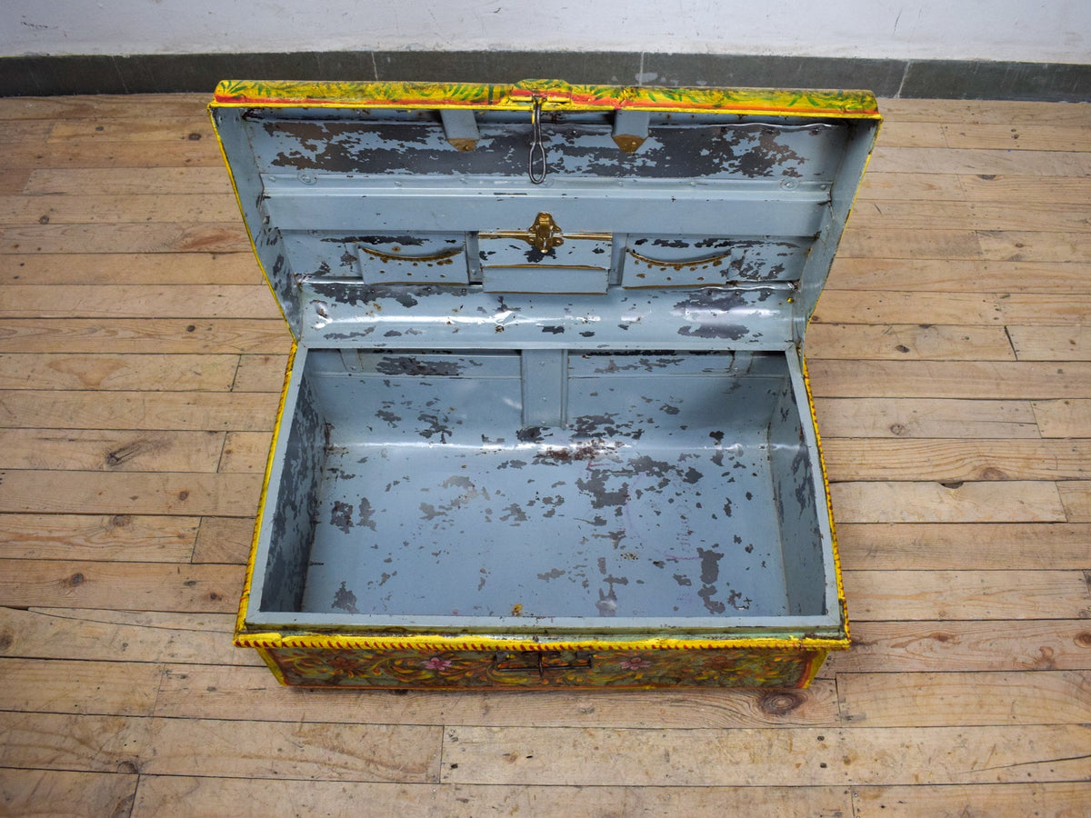 Vintage Indian Hand Painted Metal Travel Trunk Chest