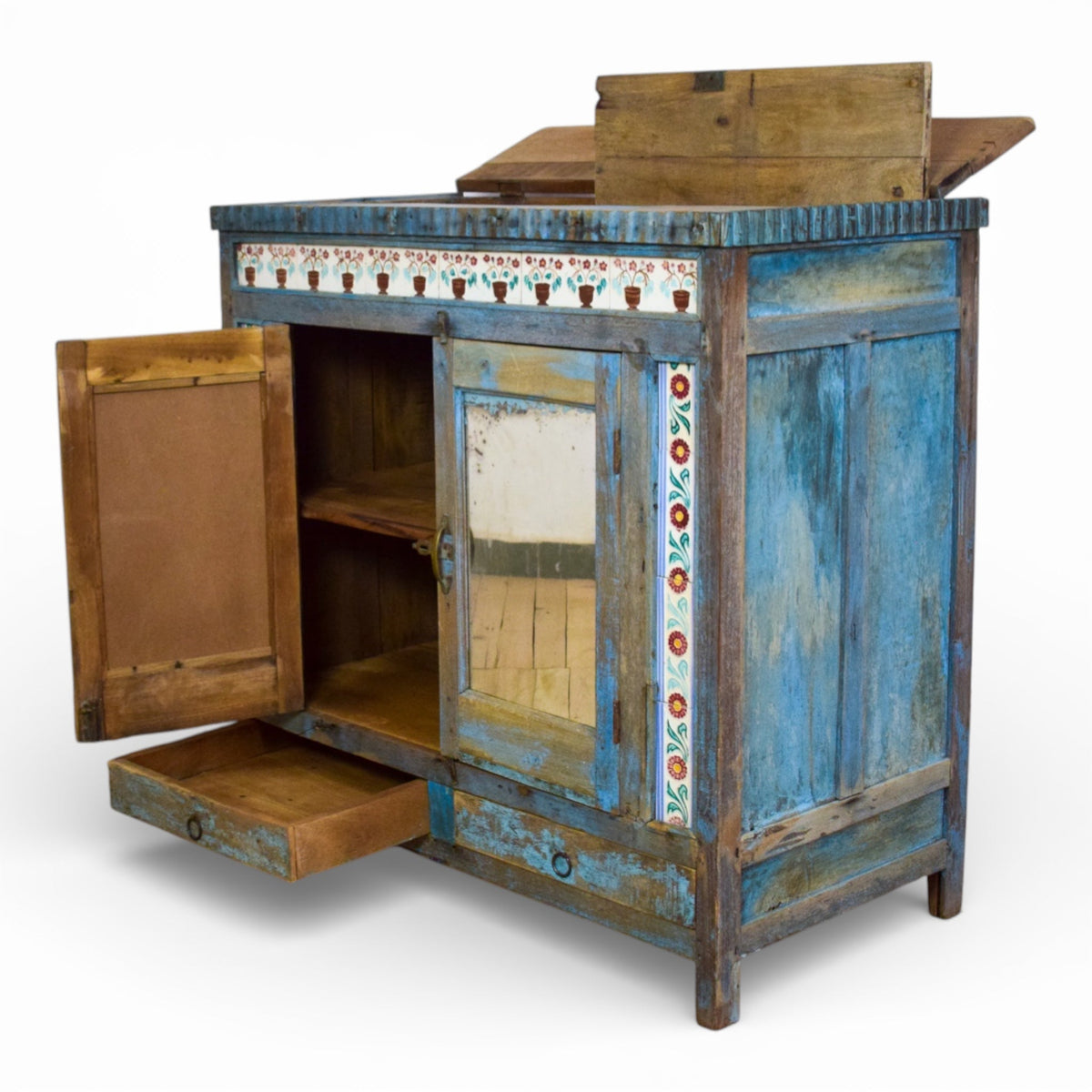 Vintage Worn Painted Cabinet With Vintage Tiles and Glass Painting