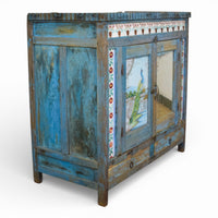 Vintage Worn Painted Cabinet With Vintage Tiles and Glass Painting