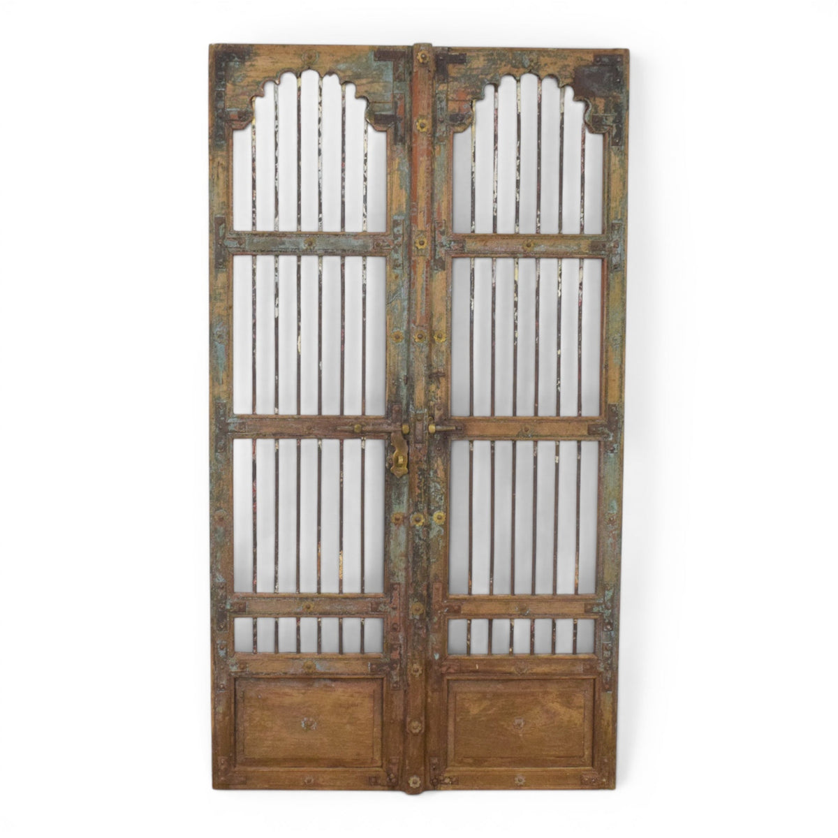 Pair of XL Antique Vintage Indian Wooden Iron Jali Doors Shutters